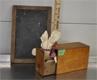 Vintage slate chalkboard, wood drawer, info