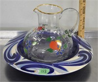 Glass water pitcher, ceramic basin