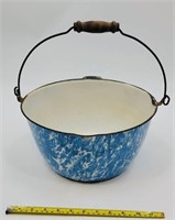 Antique Blue Swirl Enamelware Pot W/ Bale