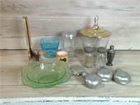 GLASS ICE BUCKET, GREEN DISH, S & P SHAKERS, JAR