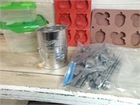 SILVERWARE, MOLDS, SIFTER, PLASTIC CONTAINERS