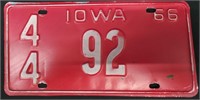 1966 Iowa License Plate. 12" x 6"