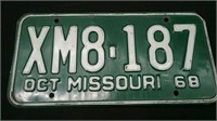 1968 Missouri License Plate, Approx. 6"×12"