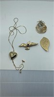 3 Vintage Gold Colored Brooches And Necklace