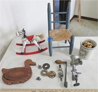 Small chair & rocking horse, meat grinder
