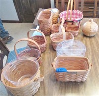10 Longaberger baskets, liners, covered dish
