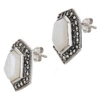 Silver MOP & Marcasite Hexagon Stud Earrings
