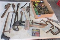 Tools, pipe wrenches, hammers, c-clamps