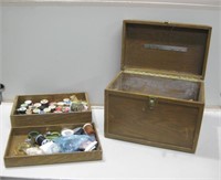15"x 10"x 12" Vtg Wood Sewing Box W/Contents