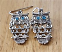 Silver Owl earrings with topaz eyes gems dangling