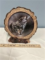 Log Cross-Section Picture Frame with Wolf Picture