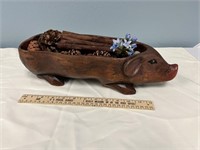Wood Carved Pig Figural Bowl