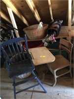 SCHOOL DESK , HIGH CHAIR , GOLF CLUBS & BALLS LOT