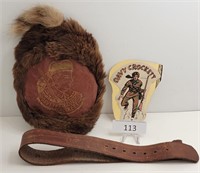 Davy Crockett Coon Skin Cap, Leather Belt, Iron On