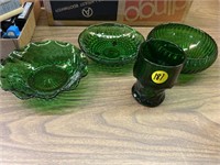 3 Green Bowls & 1 Green Glass