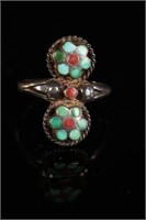Native Amer Sterling Ring Turquoise Coral Flowers