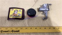 Toys, Davy Crockett wallet, yo-yo, meat grinder