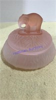 Pink glass covered dish, elephant