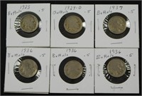 Lot of 6 Buffalo Nickels: 1923, 1929-D, (3) 1936