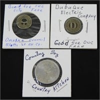Lot of 3 Tokens - Dubuque Electric Co. One Fare,