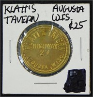 Klatt's Tavern Hwy 27 Augusta, Wisc. 25¢ Token