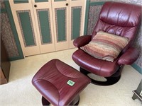 MAROON SWIVEL LEATHER RECLINER AND OTTOMAN