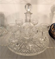 CUT CRYSTAL DECANTER, CORDIALS AND TRAY