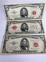 3 red seal $5 dollar bills