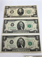 1934 $20 and 2 $2 bills