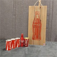 Coca Cola wood wall decor and vintage cand