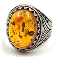 Mens Sterling Silver and Amber Ring
