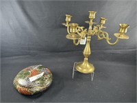 Brass Candleabra & Hand Painted Covered Bowl