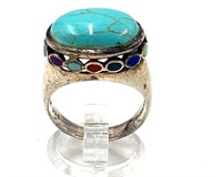 Thai Sterling Silver Turquoise and Coral Ring