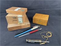 Vintage Cigar Boxes, Sewing Box & Quill Pens
