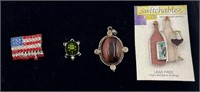 Agate Pendent, Turtle Pendent, and Pins