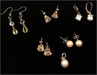 14K Gold Gemstone and Faux Pearl Earrings