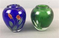 2x The Bid Hand Painted Blown Glass Heavy Vases