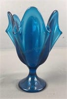 Blue Scalloped Stretch Glass Footed Bowl 8"