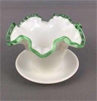 Ruffled Edge Milk Glass / Green Pot / Underplate