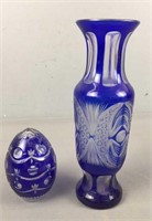 Two Pieces Of Etched Bohemian Cobalt Glass