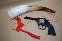 Vtg Toy Cap Gun / Rubber Hatchet + Horn