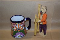 Vintage Mexican Pottery Handled Mug +Wooden Figure