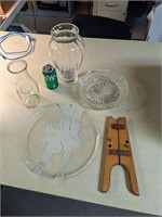 Lot of 4 miscellaneous glass items and boot jack.