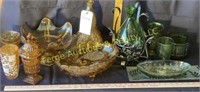AMBER/GREEN DECANTERS, GLASSES, CANDY DISH