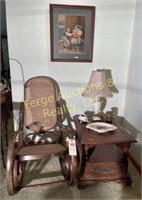 VINTAGE BROWN WOODEN ROCKING CHAIR, SIDE TABLE,