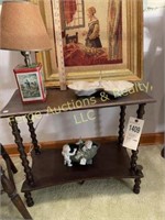 SIDE TABLE, WOODEN CHAIR, TIN LAMP,