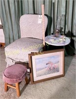 SIDE CHAIR, FOOT STOOL, MARBLE TOP SIDE TABLE with