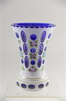 Vtg Bohemian Cobalt Blue Glass Overlayed Vase