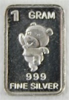 1 gram Silver Bar - Teddy Bear, .999 Fine Silver