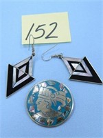 Signed Alpaca Mexixco 925 Earrings and Pin